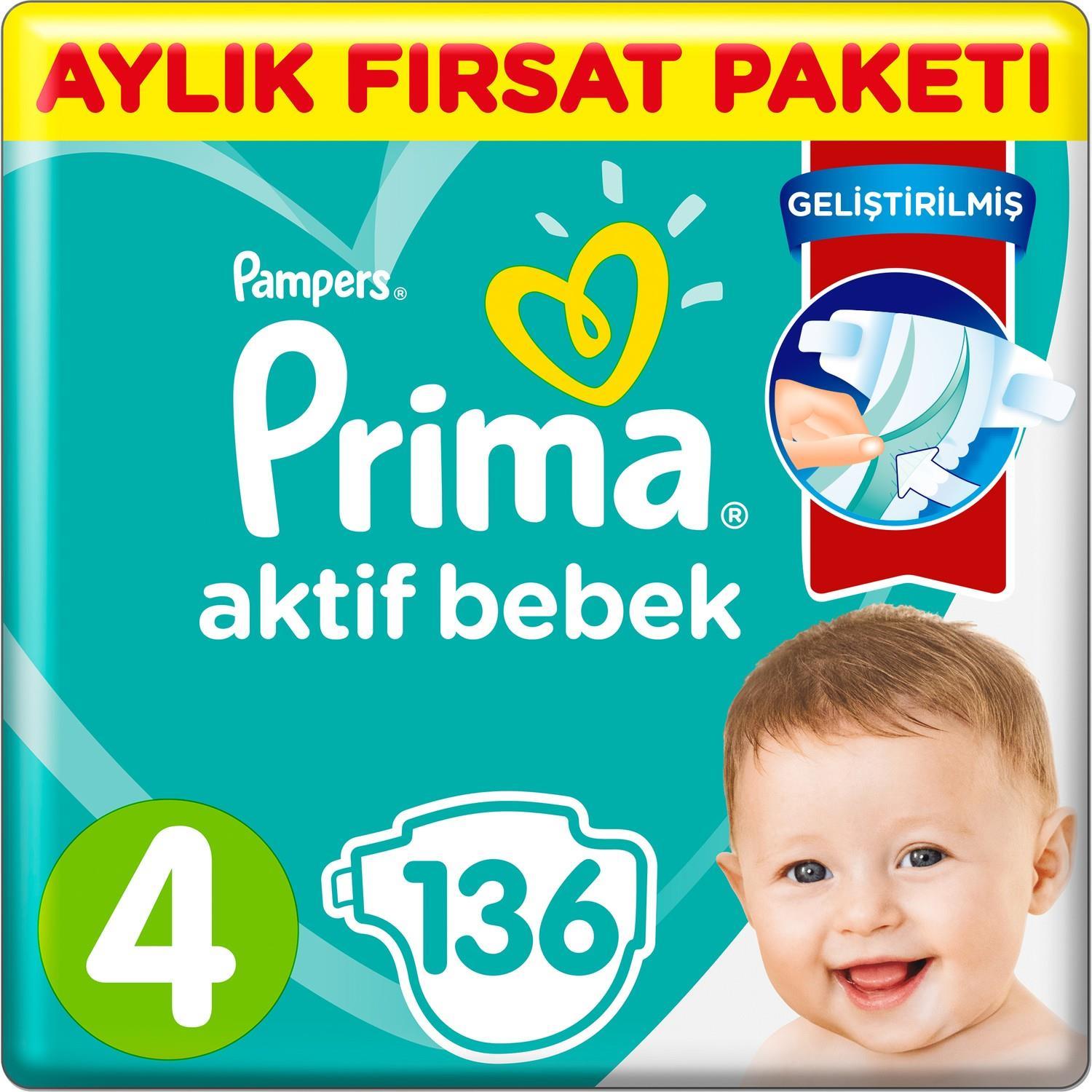 Prima Aktif Bebek No:4 Maxi Aylık Fırsat Paketi 9-14 Kg 136 Adet