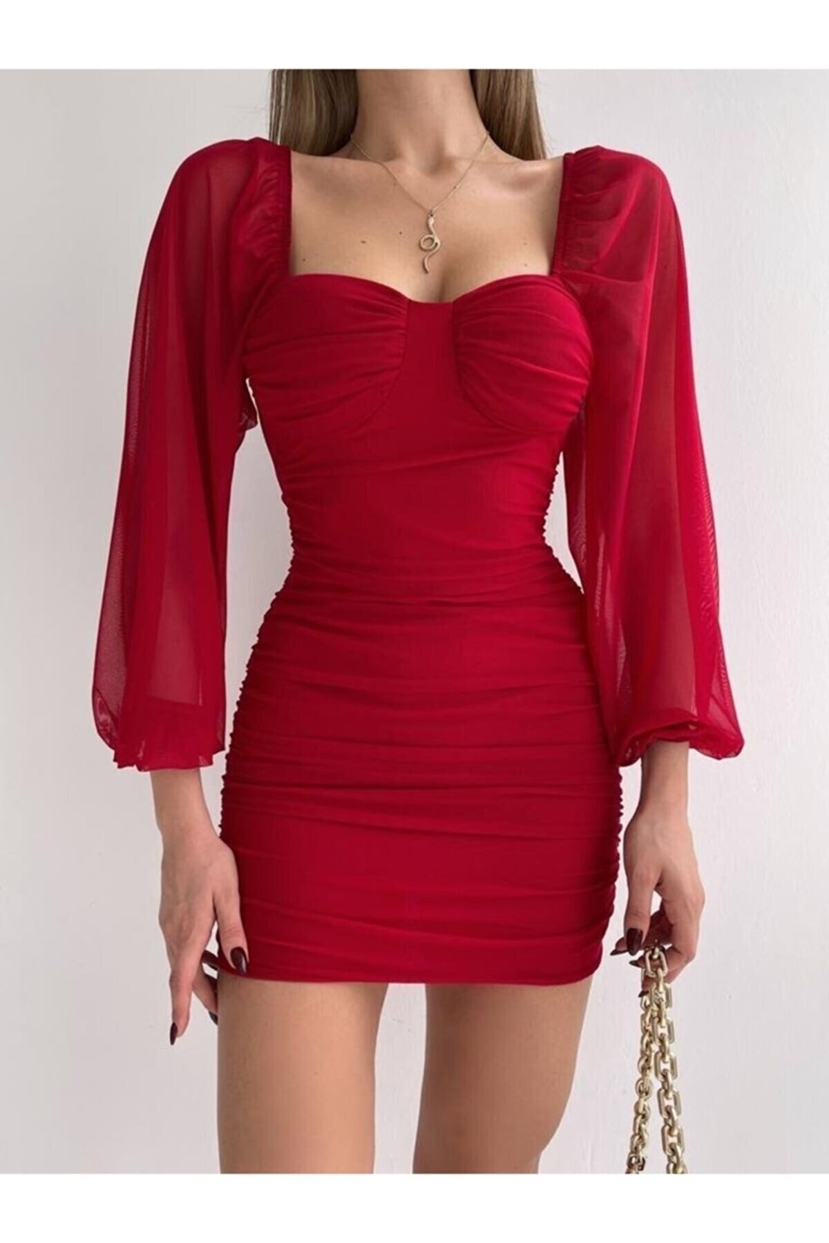 Afiş Butik Kırmızı Uzun Tül Kol Detaylı Drapeli Elbise Dokuma